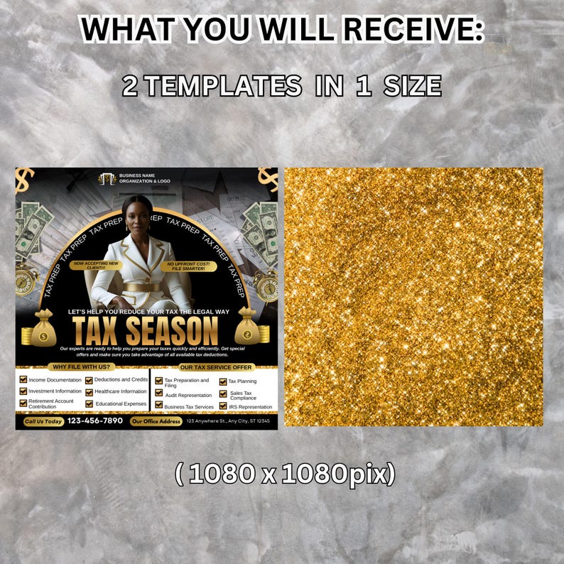 May include: Image of a tax season advertisement with a woman in a white suit, money, and gold accents. The text reads "Tax Season" and lists tax preparation services. Includes a gold glitter background.
