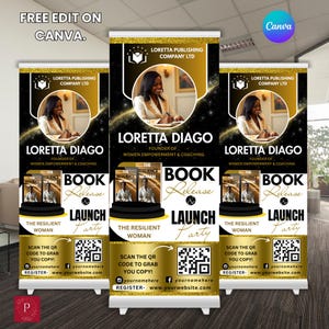 Book Launch Retractable Banner: Author Event Template, Black & Gold Women Event Vinyl Banner (33x78 Inches, Canva Editable, PDF Format)