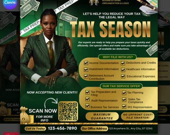 Editable Flyer For Tax Season, Green & Gold Tax Expert Template, Credit Repair, Income Tax Preparer, Accounting Marketing Canva Flyer.
