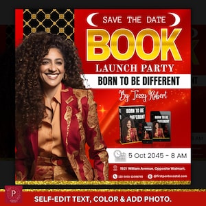 Editable Book Launch Party Flyer Template: Elegant Author Event (Canva, 1080x1080px)