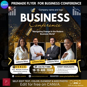 Pode incluir: Um flyer promocional para uma conferência de negócios, com o texto "BUSINESS Conference" em letras grandes e em negrito. O flyer inclui o tema "Navegando a Mudança no Mundo dos Negócios Moderno" e os destaques do evento. Ele também apresenta fotos de quatro pessoas e detalhes do evento.