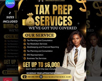 Editable Tax Prep Service Flyer, Black & Gold Template Professional Income Tax Preparers, Credit Repair, Accounting Services Canva Flyer.