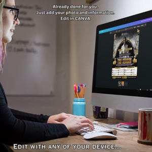 May include: A person using a computer with a screen displaying a "Tax Season" flyer. The flyer features a woman, money graphics, and text. The computer is on a wooden desk with a keyboard, mouse, and a mug. Text on the screen says "Edit in CANVA".