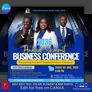 May include: A business conference promotional poster with the text "2036 Annual Summit Business Conference." The poster features three people in business attire, a blue and white colour scheme, and the Canva logo.