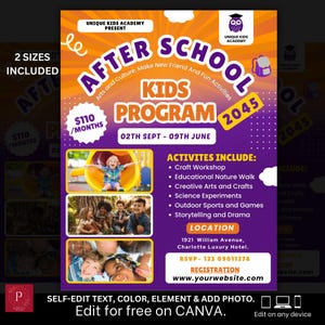 Peut inclure: Une affiche promotionnelle pour un programme parascolaire pour enfants. Le design présente un schéma de couleurs orange et violet vif avec le texte "AFTER SCHOOL KIDS PROGRAM 2045". Il comprend les détails du programme, les activités et les coordonnées.