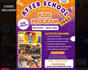 Kinderprogramm Flyer Vorlage: Nach der Schule, Lager, Workshop (Canva bearbeitbar, PDF-Format)