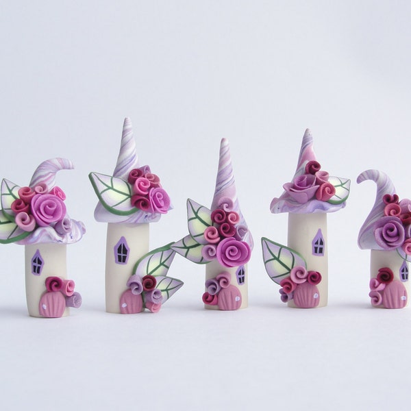 Miniature fairy village in lilac and deep pink colours handmade from polymer clay