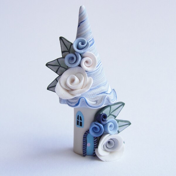 Miniature rose fairy home in icy blue colours handmade from polymer clay