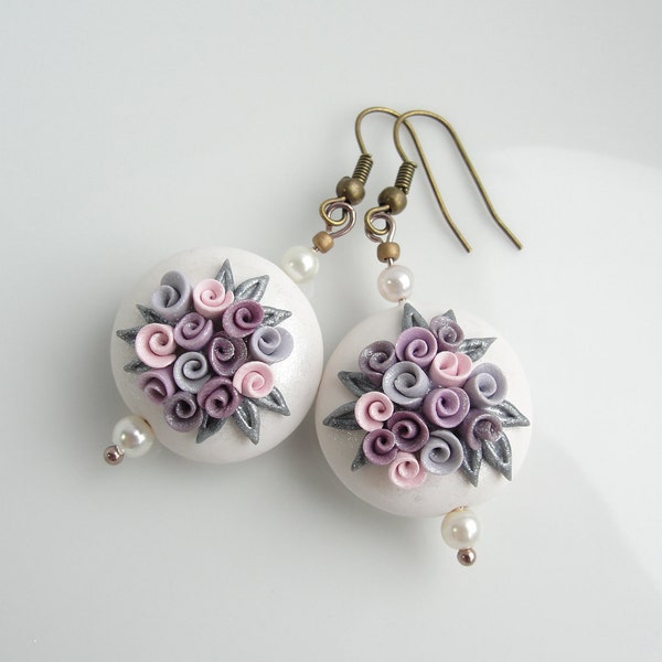 Polymer clay earrings lentil beads with roses in cream, pink and grey handmade