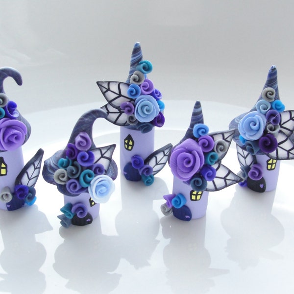 Miniature midnight fairy village in lilac, purple and black handmade from polymer clay