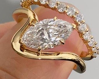 Braut Set 1.50 Ct Marquise Cut Moissanit Verlobungsring, Ehering, Marquise Cut Ring, Längliche Marquise, Bezel Ring