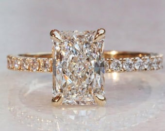 14k Gelbgold Radiant Cut Moissanit Verlobungsring mit verstecktem Halo Diamant, einzigartiger Radiant Cut Verlobungsring, Eternity Vintage Ring