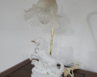 Vintage Porcelain And Brass Unicorn Accent Lamp
