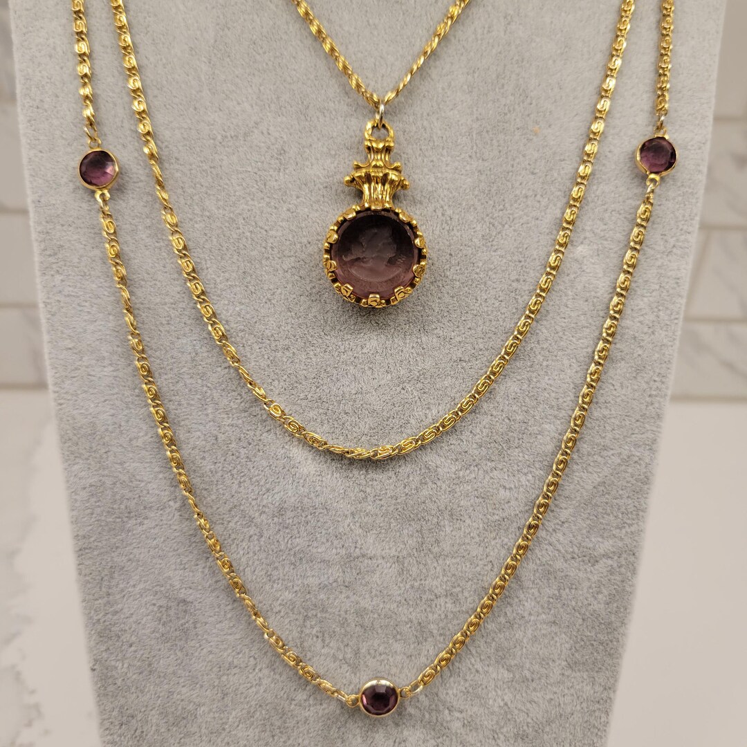 Vintage Goldette Intaglio Three Strand Goldtone Purple Glass Cameo ...