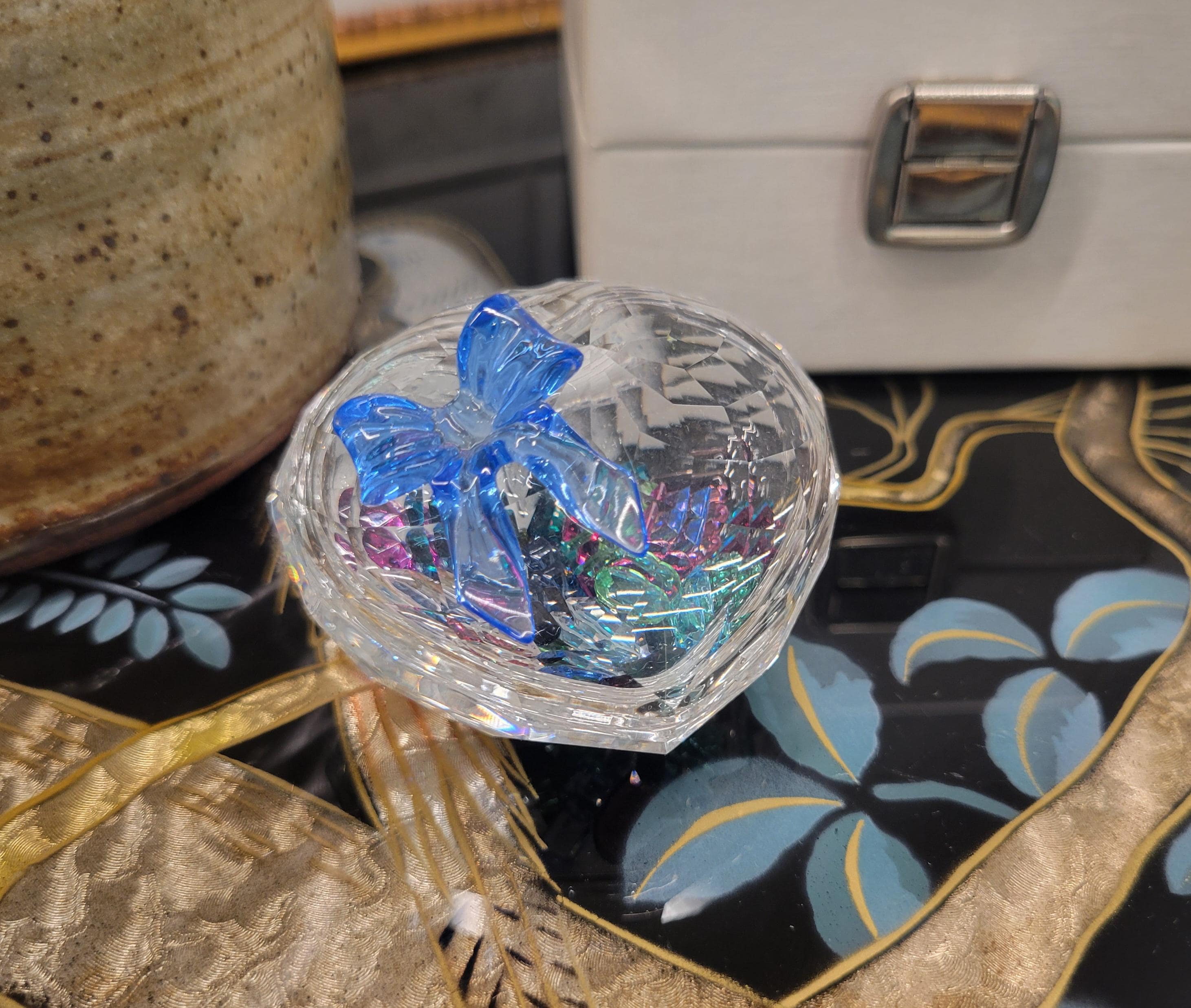 Swarovski Sweetheart Trinket Box Blue Ribbon Filled With Crystals
