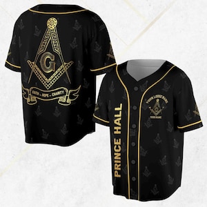 Custom Prince Hall Masonic Baseball Jersey: Black & Gold Square Compasses