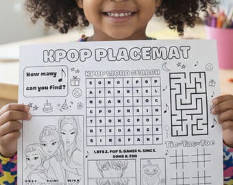 Kpop Kinder Tischset zum Ausdrucken - Kpop Wortsuche, Tic-Tac-Toe, Labyrinth & Malspaß, Sofort-Download für Kpop Themenpartys