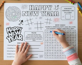 Silvester Kinder Tischset zum Ausdrucken - Silvester Aktivitätsmatte, Feierspiele, NYE Malvorlage, sofortiger Download