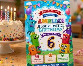 Geburtstagseinladung mit Bausteinen, Einladung zur Bausteinparty, Vorlage für Kindergeburtstage, bearbeitbare, druckbare digitale Einladung
