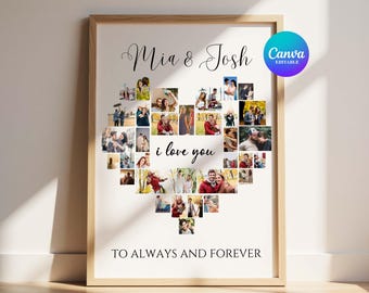 Herz Fotocollage Canva Vorlage, benutzerdefiniertes Paar Geschenk druckbar, bearbeitbares Liebe Poster, Hochzeitstag Wandkunst, ich liebe dich Print