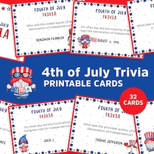 Jeu de cartes-questionnaires du 4 juillet à imprimer | Quiz sur la fête de l'indépendance patriotique pour enfants et adultes | Activité de la fête de l'histoire des États-Unis à télécharger