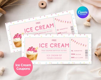 Eis Coupon druckbare, bearbeitbare Canva Geschenkgutschein für Kinder Geburtstag, Sommer Party Gunst, digitale Dessert Belohnungsticket Vorlage