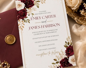 Hochzeitseinladung in Burgunderrot, Hochzeitseinladung mit Blumenmuster, Druckvorlage, bearbeitbare Einladung, Sofort-Download