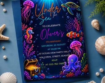 Einladungsvorlage „Unter dem Meer“, Ozean-Geburtstagseinladung, bearbeitbare Kinderparty-Einladung, druckbare digitale Einladung