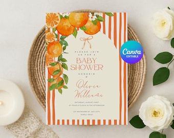 Bearbeitbare Orange Babyparty Einladung Vorlage, A Little Cutie ist auf dem Weg Orange Themed Baby Shower, Citrus Sommer Baby Shower Invite