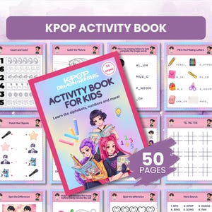 Może przedstawiać: Książka aktywności KPOP dla dzieci z różową okładką, przedstawiająca ilustracje trzech dziewcząt czytających. Książka ma 50 stron i zawiera ćwiczenia do nauki alfabetu, liczb i innych rzeczy. Dodatkowe strony pokazują różne aktywności.