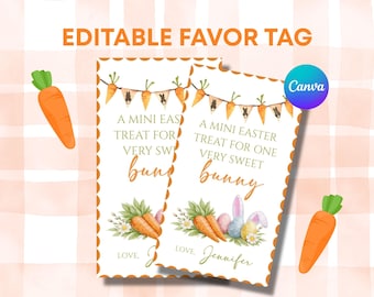 Bearbeitbarer Oster-Favor-Tag, Häschen-Leckerli-Tag zum Ausdrucken, Oster-Geschenkanhänger, Karotte-Häschen-Favor-Etikett, Canva-Ostern-Tag