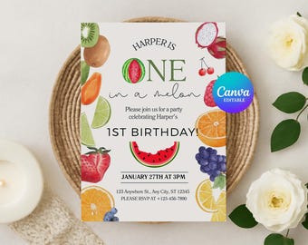 Tutti Frutti Wassermelone Geburtstagseinladung bearbeitbar, One in a Melon 1st Birthday Girl Party, Tropische Sommerfrüchte laden Canva Vorlage ein