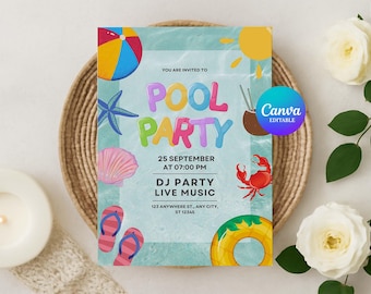 Bearbeitbare Pool Party Geburtstagseinladungsvorlage, Sommerschwimmparty Canva Einladen, Geburtstag Flyer am Pool, Sofort Download