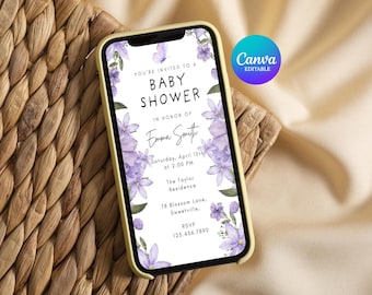 Bearbeitbare animierte lila Schmetterling Babypartyeinladung Digitales Mobile einladen für Mädchen, Blumengarten Babyparty iPhone Video Vorlage