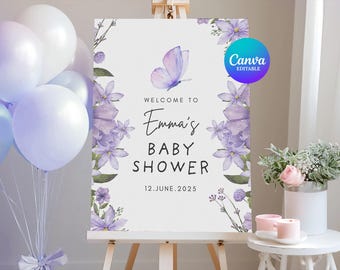 Bearbeitbare Baby in Bloom Zeichen Vorlage | Babyparty Zeichen | Lila Schmetterling Willkommensschild | Baby Ankunft Zeichen | Lila Blumen Neugeborenen Dekor