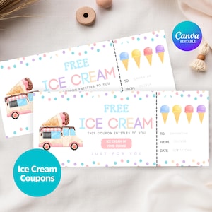 Puede incluir: Dos cupones de "Helado Gratis" con ilustraciones de acuarela pastel. Los cupones presentan conos de helado, un camión de helados y confeti colorido. El texto incluye "Helado de tu elección" y "Canva Editable".