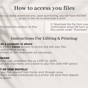 K&ouml;nnte beinhalten: Anleitung zum Zugriff auf und zur Bearbeitung digitaler Download-Dateien. Der Text beschreibt den Kauf auf Etsy, den Download per E-Mail oder Etsy-Profil und die Bearbeitung mit Canva. Es gibt Anweisungen zum Drucken zu Hause oder zum digitalen Senden an einen Drucker.