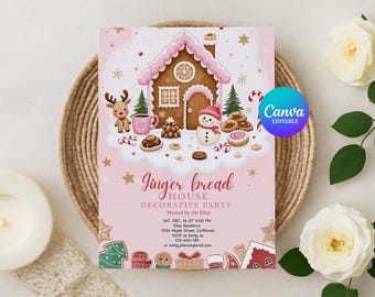 Bearbeitbare Lebkuchenhaus-Vorlage, Weihnachtsfeier-Einladung, Feiertags-Plätzchen-Dekorationseinladung, 13 x 18 druckbares Lebkuchen-Party-Design