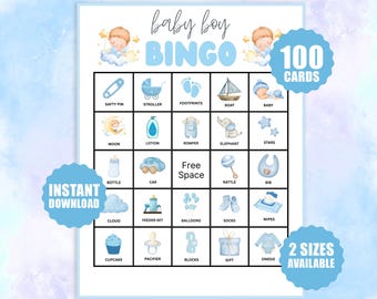 Baby Boy Shower Bingokarten, Babyparty Bingospiel, lustige Babyparty druckbare Aktivität, Blue Boy Baby Spiel, 100 Baby Boy Bingo Spielkarten