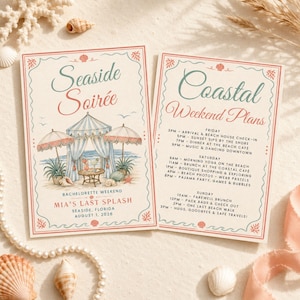 Könnte beinhalten: Zwei rechteckige Karten mit cremefarbenem Hintergrund und korallenfarbenen Rändern mit Muschelillustrationen. Die linke Karte zeigt den Text Seaside Soirée, Mia's Last Splash und eine Strandszene mit einer gestreiften Kabine. Die rechte Karte listet Pläne.