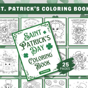 Könnte beinhalten: Ein Malbuch zum St. Patrick's Day mit 25 Seiten, das Illustrationen von Kobolden, Kleeblättern und Regenbogen zeigt. Das Cover zeigt den Titel "Saint Patrick's Day Coloring Book" in grüner Schrift mit grünem Rand und Kleeblatt-Akzenten.