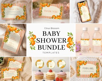 Little Cutie Babyparty Bundle bearbeitbare Vorlagen, Citrus Orange Babyparty Dekorationen, Gender Neutral Party Printables, Favor Tags, Zeichen