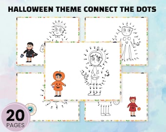 May include: A collection of Halloween-themed connect-the-dots activity pages. The pages feature various Halloween characters, including a vampire, pumpkin, and devil. The set includes 20 pages for kids to enjoy.