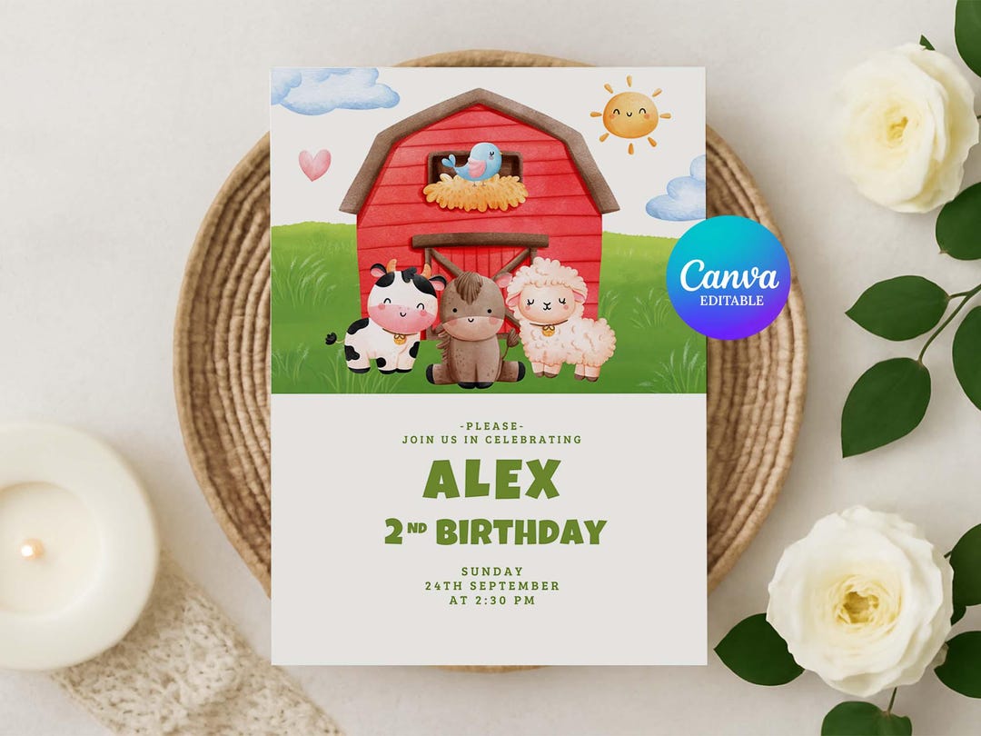 Editable Farm Birthday Invitation for Boys, Barnyard Animal Party ...