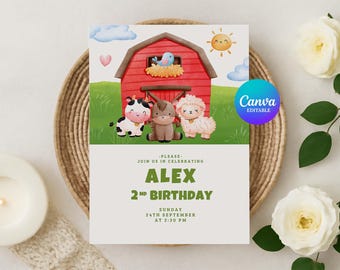 Bearbeitbare Bauernhof-Geburtstagseinladung für Jungen, Barnyard-Tierparty einladen, Ranch-Thema Kinder-Geburtstag, 5x7 digitaler Download-Vorlage