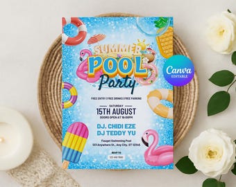 Bearbeitbare Pool Party Geburtstagseinladungsvorlage, Sommerschwimmparty Canva Einladen, Geburtstag Flyer am Pool, Sofort Download