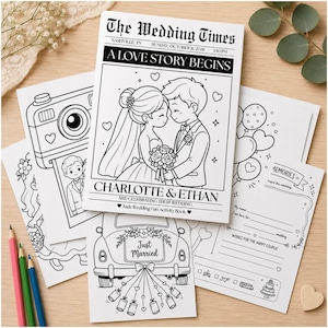 May include: A collection of white paper activity sheets for a wedding, featuring black line art illustrations including a newspaper titled The Wedding Times, a camera, a car with Just Married text, and a memories page with blank lines.