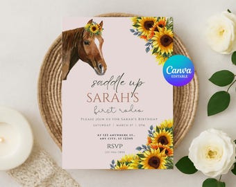 Bearbeitbare Cowgirl-Geburtstagseinladung, Mädchenpferd Rodeo-Party einladen, Vorlage für Western Farm Erster Geburtstag