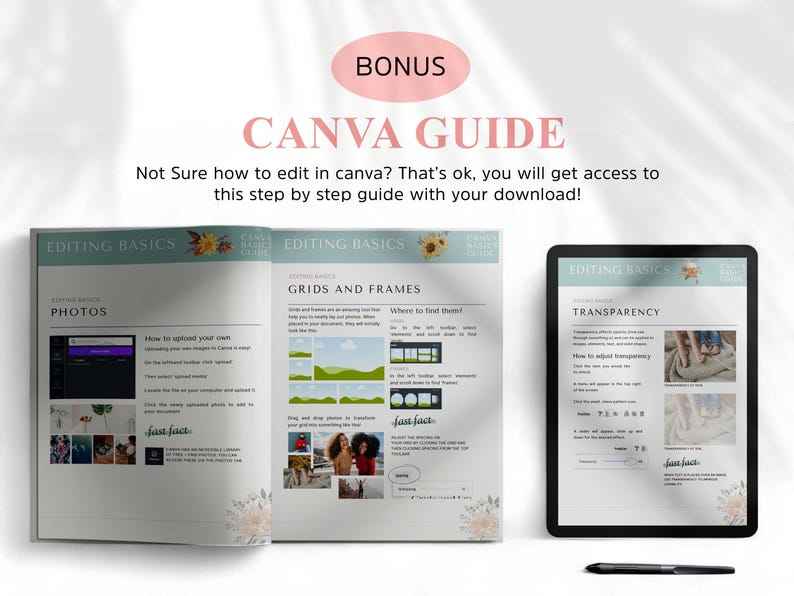 A Canva guide visual with examples and tips on using Canva for design, including detailed instructions and screenshots.