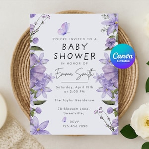 Butterfly Baby Shower Invitation | Purple Butterfly Invitation Template | Butterfly Baby Shower Invitation Girl | Editable Canva Template